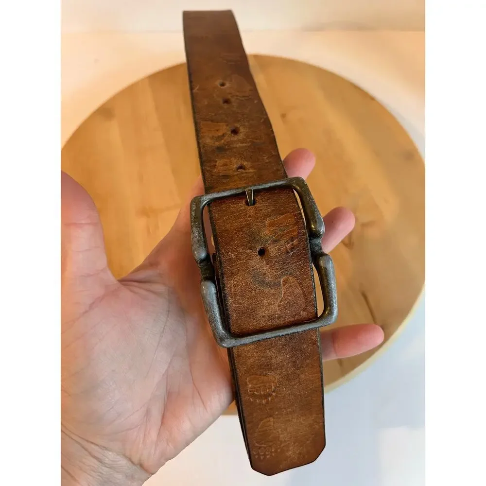 Vintage 90s Foot Print Distressed Genuine Leather Worn Buckle Belt Size Medium